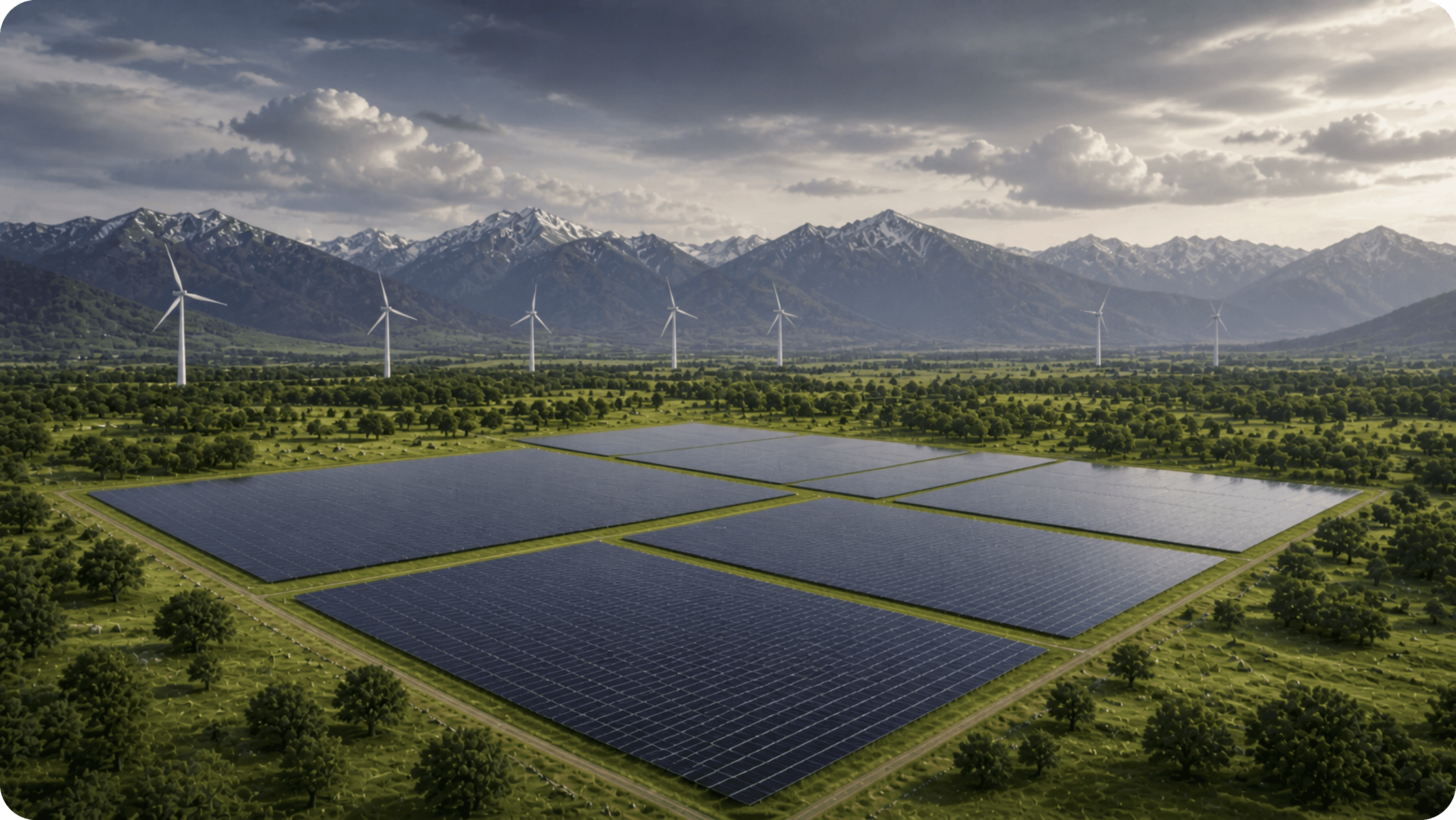 Parque solar fotovoltaico con aerogeneradores y montañas
